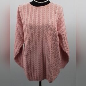 Lands End PINK Cable Knit 100% Cotton Sweater Pullover sz M 10-12 VINTAGE